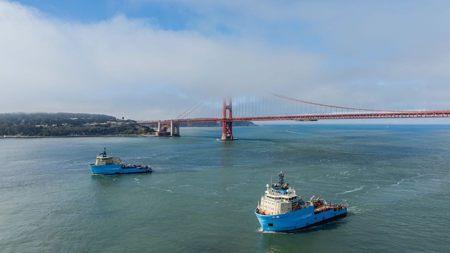 Our vessels, tenders and traders, cruising below the Golden Gate Bridge, entering San Francisco Bay.