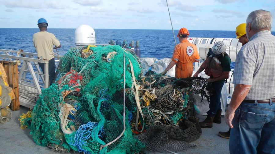#02 - Ghostnet retrieved on the Mega Expedition mothership, Great Pacific Garbage Patch, ocean plastic pollution, save oceans, help clean oceans,